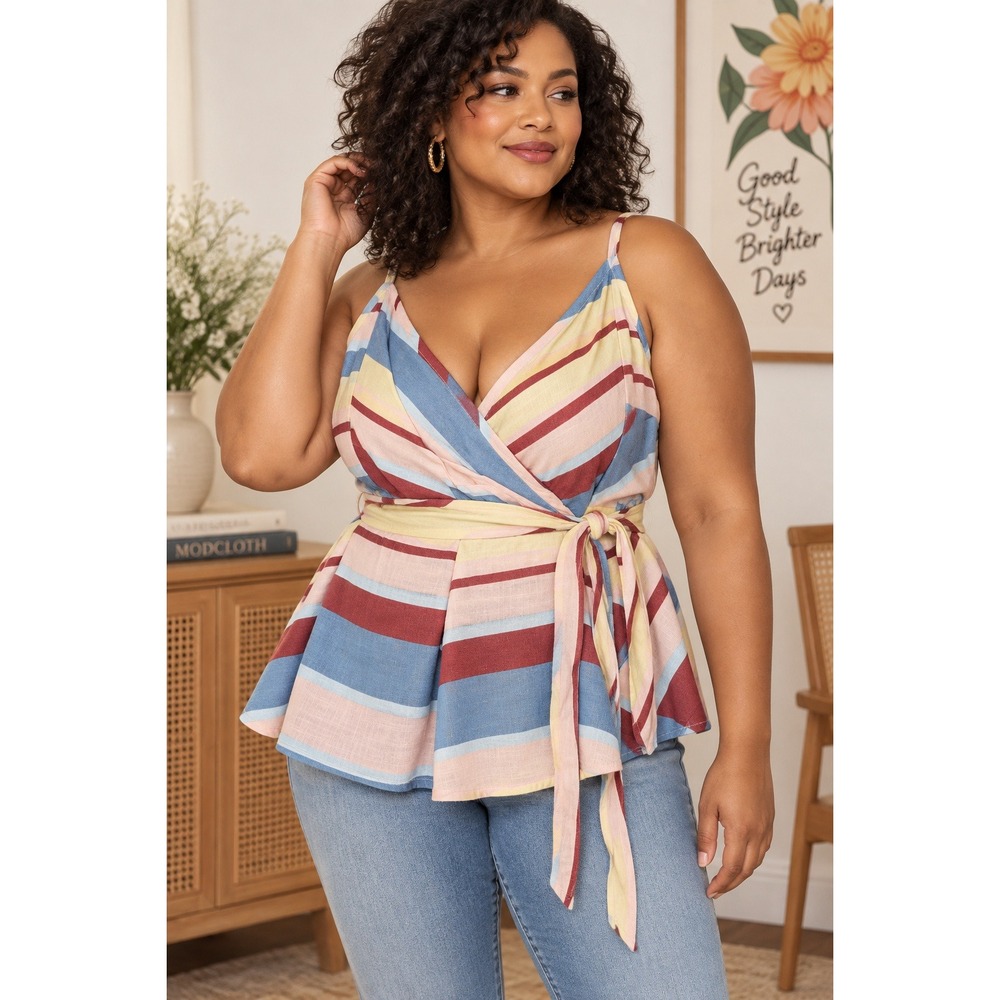 ModCloth 3X Striped Linen Blend Wrap Cami Top Pastel Belted Y2K Boho